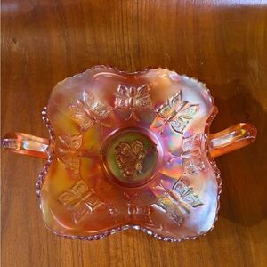 Vintage Fenton Marigold Iridescent Butterfly Glass Candy Trinket Jewelry Bowl